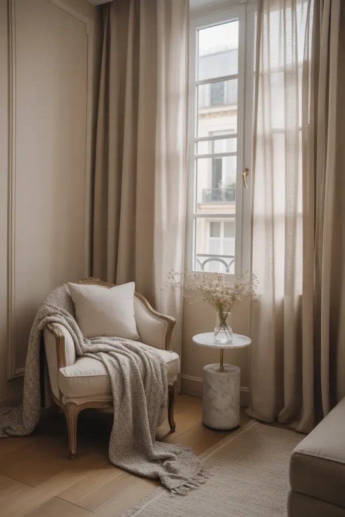 Small Paris apartment living room corner with soft neutral tones, light cream walls, tall window with sheer linen curtains glowing with morning light, vintage curved armchair with textured throw blanket, small marble side table with delicate flowers, light oak flooring, soft rug, elegant but relaxed styling, cozy feminine mood, natural lighting, Pinterest style interior photography.