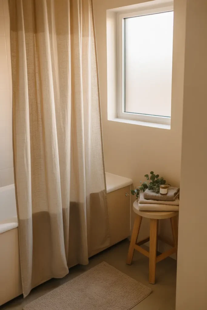 Small apartment bathroom with soft beige linen shower curtain gently draping beside a simple white bathtub. Natural light comes through a small frosted window, creating soft shadows. Neutral bath mat, wooden stool with folded towels, and small eucalyptus bundle add calm spa-like feeling. Clean modern styling with warm textures and soft cozy atmosphere.