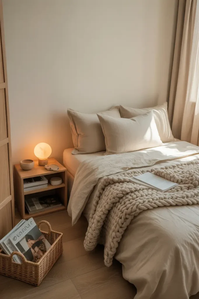 Cozy micro studio apartment corner with soft neutral bedding placed against a light cream wall, small wooden nightstand with warm lamp lighting, chunky knit throw blanket layered on linen bedding, woven basket with magazines nearby, sunlight entering through sheer curtains, natural wood floor, calm minimal styling, warm Pinterest-style interior photography with soft shadows and realistic apartment layout.