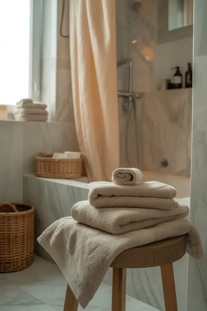 Pinterest-style modern apartment bathroom with soft neutral color palette, beige towels neatly folded on wooden stool, creamy shower curtain, light marble textures, warm natural lighting from window, woven baskets, minimalist decor styling, cozy spa atmosphere, clean modern fixtures, realistic interior photography aesthetic, soft shadows and calming mood, high detail textures and airy composition.