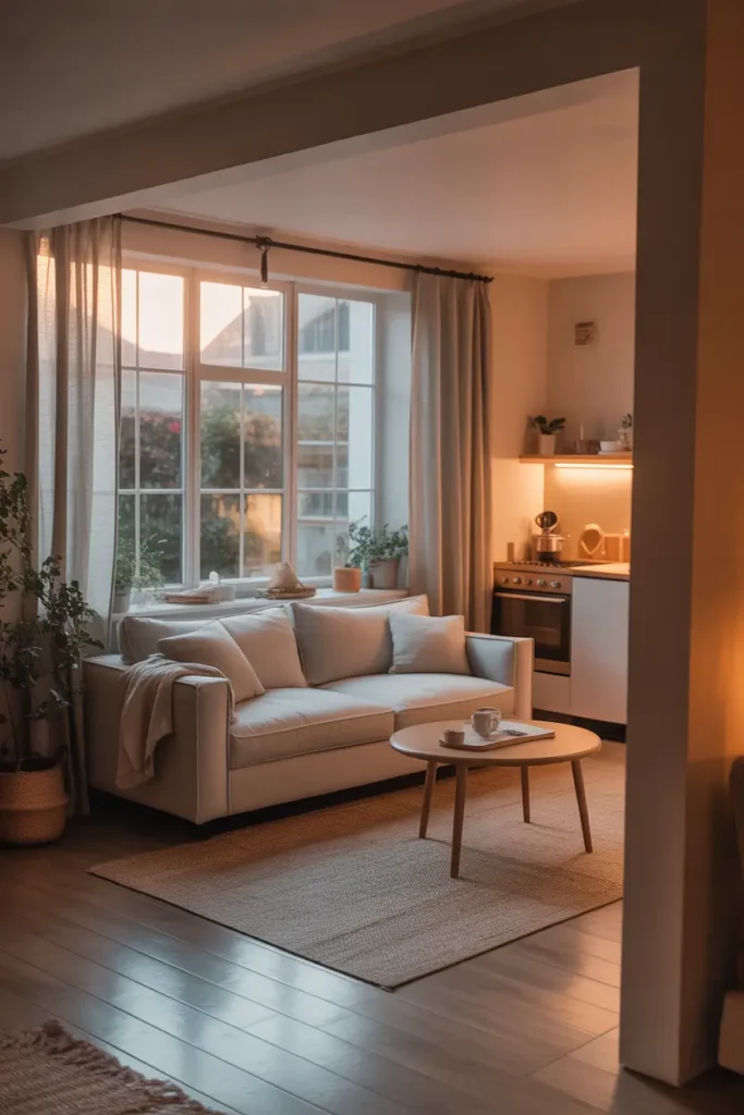 Cozy apartment over garage studio with soft neutral tones, warm natural light flowing through large window, small linen sofa, round wooden coffee table, light oak floors, woven rug, soft curtains, small kitchenette in background, plants near window, Pinterest style interior photography, calm relaxing mood, layered textures, warm evening glow, tidy compact layout with gentle beige and cream color palette