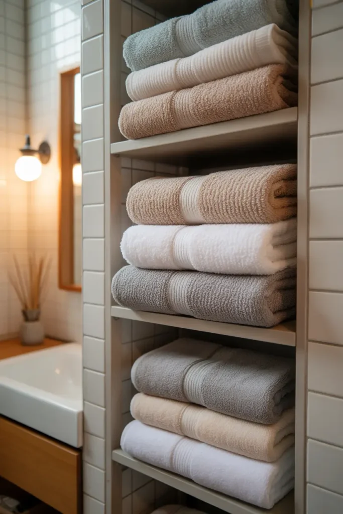 Stylish apartment bathroom with stacks of soft neutral towels folded on open shelving. Warm beige, cream, and soft gray tones create calm layered look. Wooden shelves and soft wall lighting add warmth against white tile walls. Pinterest-inspired bathroom styling with cozy textures and relaxed apartment vibe.