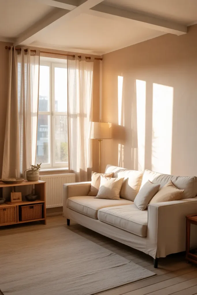 Small cozy apartment with soft neutral painted walls, warm cream tones, simple second hand furniture, linen curtains filtering natural light, soft beige rug, minimal decor, relaxed peaceful apartment interior, gentle sunlight filling the room, calm neutral palette, Pinterest style home photography.