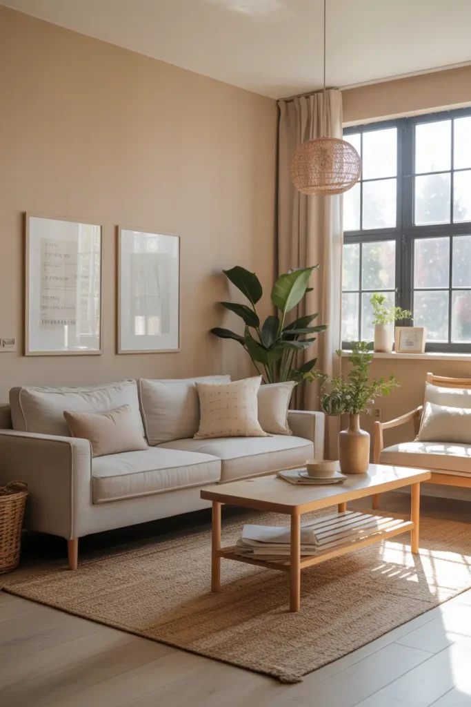 Pinterest-style apartment living room with soft beige walls, neutral sofa, light wood furniture, woven rug, warm natural daylight through large window, calm minimal interior styling with layered textures and relaxed home atmosphere.