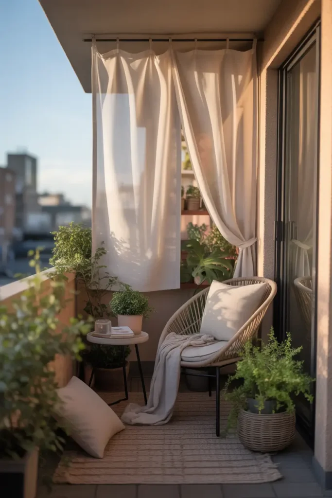apartment balcony with soft outdoor curtain panels in warm white fabric hanging from a slim black rod, small balcony layout, cozy woven chair, light neutral cushions, tiny round side table, potted green plants, soft late afternoon sunlight, gentle shadows, textured outdoor rug, peaceful feminine styling, city apartment setting, calm cozy mood, natural textures, realistic fabric movement in breeze, warm and inviting small-space design