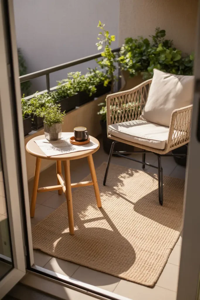 Realistic Pinterest style apartment patio with light beige outdoor rug placed over small balcony floor, cozy rattan chair with cream cushion, tiny round wooden side table holding coffee mug, soft sunlight casting gentle shadows, potted greenery along railing, textured neutral tones, warm relaxing atmosphere, natural materials, soft morning lighting, calm and inviting small patio styling.