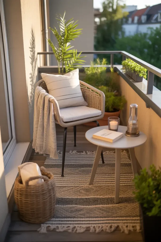 Tiny balcony patio styled with textured outdoor rug in soft neutral tones, small woven chair with cushions, light wood side table with candle and book, balcony railing decorated with small plants, warm afternoon sunlight casting gentle shadows, cozy layered textures creating a relaxing Pinterest style small apartment balcony retreat.