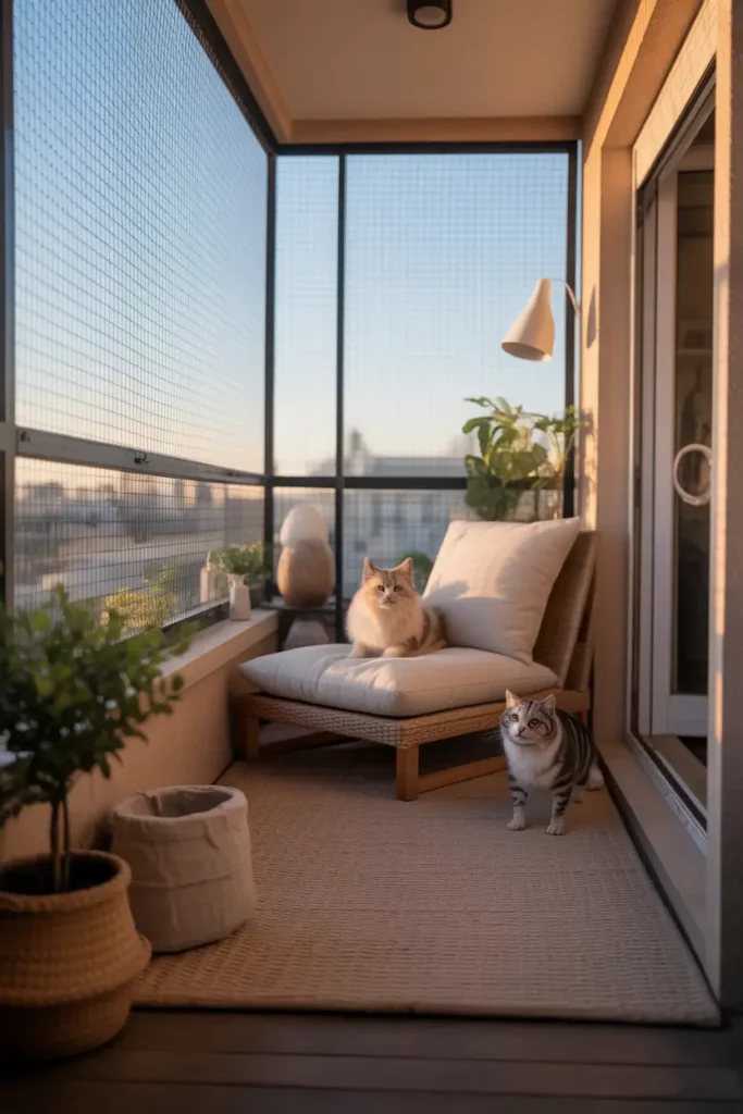 cat proof apartment balcony with secure mesh enclosure and a soft outdoor rug fixed neatly at each corner, low lounge chair with cream cushion, warm natural sunlight, subtle city view, textured planters, soft neutral palette, cozy feminine decor, realistic fabrics and shadows, polished small balcony styling, calm pet-friendly mood, safe and stylish apartment setup, layered textures, inviting atmosphere, warm home photography feel with detailed practical design for cat owners