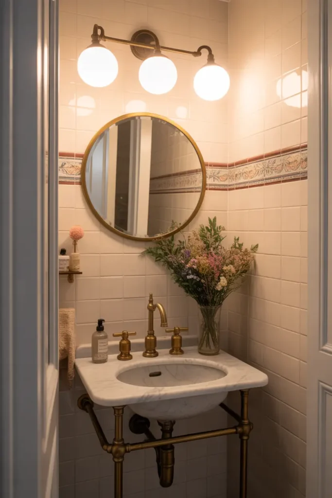 Tiny Parisian bathroom with white marble sink, brass faucet, small round mirror, soft warm lighting, neutral tiles, fresh flowers near sink, cozy feminine styling captured in Pinterest style photography.