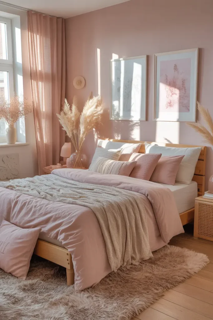 Dreamy feminine apartment bedroom styled with pastel color palette including blush pink, soft lavender, cream, and warm beige tones, layered bedding with textured pillows, delicate wall art, natural wood furniture, warm sunlight streaming through sheer curtains, fluffy rug under bed, Pinterest style interior photography with airy lighting and peaceful feminine atmosphere.