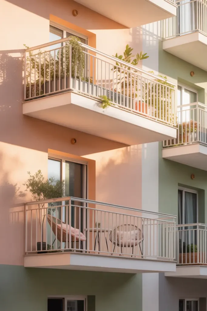 Modern apartment exterior with soft pastel colored walls in blush and sage tones, white balcony railings, small balcony plants and cozy outdoor chairs, warm afternoon sunlight hitting pastel facade, calm cheerful residential atmosphere, realistic Pinterest style architectural photography with soft lighting and gentle colors.