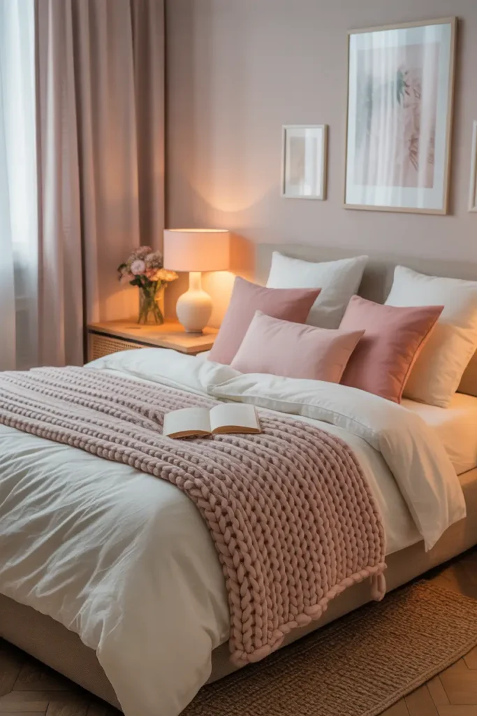Feminine dream apartment bedroom styled with soft pink accent pillows layered on cream bedding, textured knit throw blanket across bed, warm bedside lamp glow, natural wood nightstand with flowers and book, cozy rug under bed, Pinterest style interior scene with soft lighting, delicate feminine textures, and calm relaxing atmosphere.