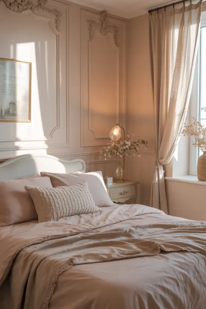 Tiny Parisian bedroom with soft blush bedding, pale walls with decorative molding, delicate gold bedside lamp, small vintage nightstand, airy linen curtains flowing in sunlight, cozy layered pillows, feminine romantic interior atmosphere captured in Pinterest style photography.