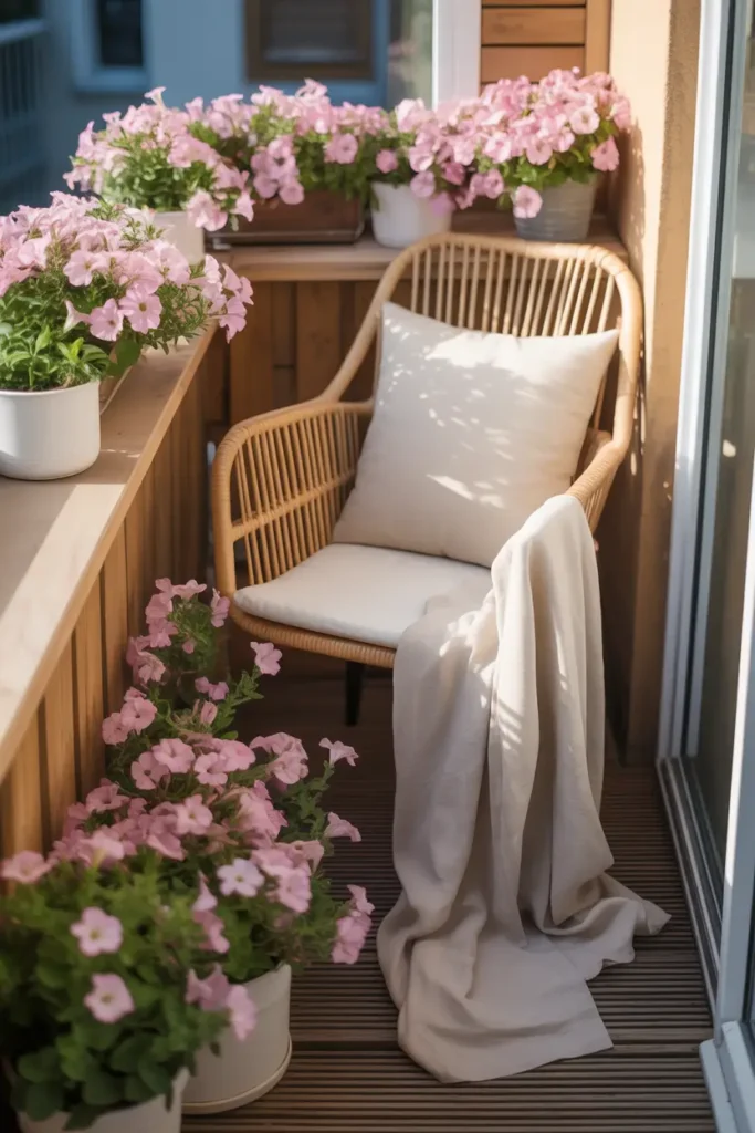 Small apartment balcony corner filled with soft pink petunias spilling from white ceramic pots placed along a wooden railing, cozy rattan chair with cream cushion nearby, light linen throw draped over armrest, warm late afternoon sunlight casting gentle shadows, natural wood flooring, soft neutral tones, peaceful relaxing atmosphere, realistic Pinterest style balcony decor, delicate flowers creating romantic outdoor corner.