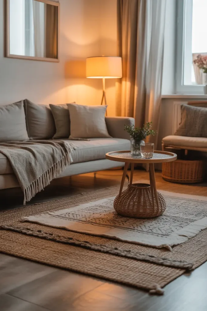 Small apartment floor with layered rugs, neutral woven rug under smaller patterned rug, cozy sofa with throw blanket, warm lamp lighting nearby, relaxed poor apartment aesthetic living room, natural textures and calm tones, sunlight entering through window curtains, Pinterest style cozy interior photography.