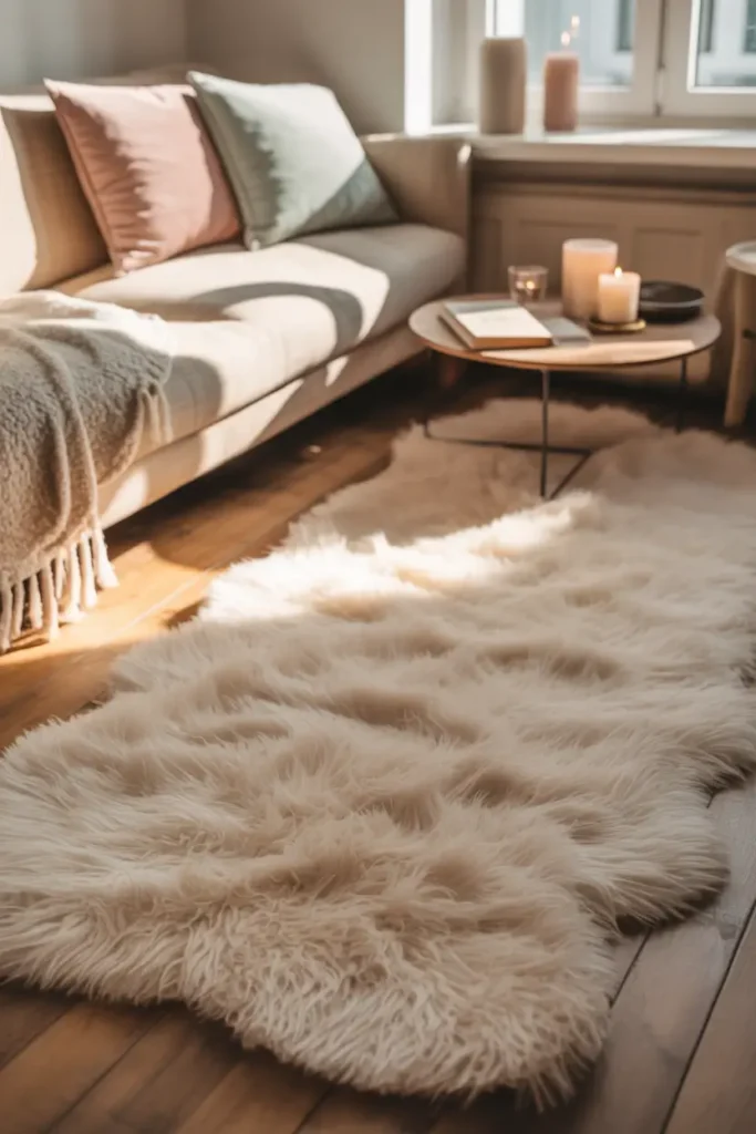 Tiny apartment living room featuring fluffy cream rug layered over wooden floor, small sofa with pastel pillows, round coffee table with candles and books, warm sunlight entering through window, cozy neutral decor palette, gentle shadows across rug texture, Pinterest aesthetic small apartment styling scene