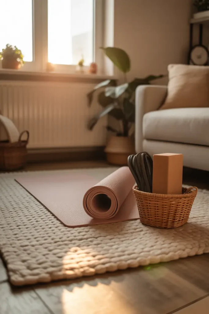 cozy apartment stretch zone with soft textured rug layered over wooden floor, neutral yoga mat placed on top, warm sunlight entering through window, calm modern apartment interior with beige and cream tones, small basket holding yoga blocks and resistance bands, indoor plant adding greenery, Pinterest style interior scene with relaxing wellness atmosphere and warm natural lighting.