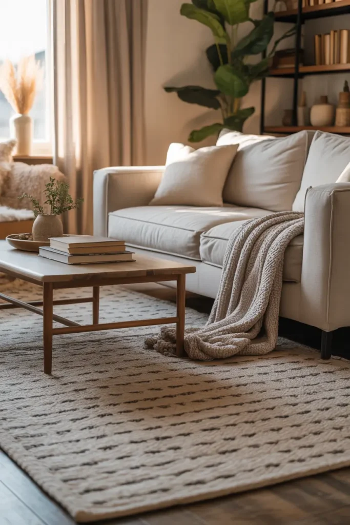 Cozy Pinterest-style living room with large textured neutral rug, soft beige sofa, wooden coffee table with stacked books, knit blanket draped casually, warm afternoon sunlight entering room, calm relaxed apartment styling with soft textures and natural tones.