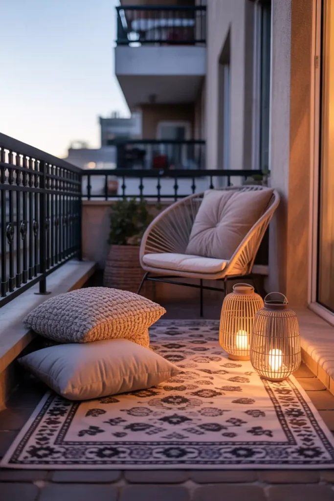 Small apartment balcony featuring soft patterned outdoor rug, two decorative lanterns glowing gently, one cozy chair with cushion, a few neutral floor pillows, warm evening light, textured balcony floor, soft apartment backdrop, realistic Pinterest style photography, cozy feminine styling, layered fabrics and warm lighting creating intimate relaxing balcony atmosphere with calm soft details