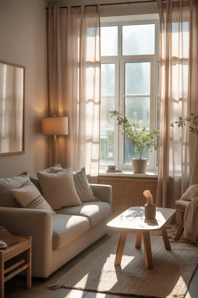 Bright Pinterest-style studio apartment window with soft sheer curtains gently flowing in warm morning sunlight, neutral sofa nearby with textured pillows, light wooden coffee table, airy room filled with natural light, calm feminine apartment styling with cozy fabrics and soft relaxed atmosphere.