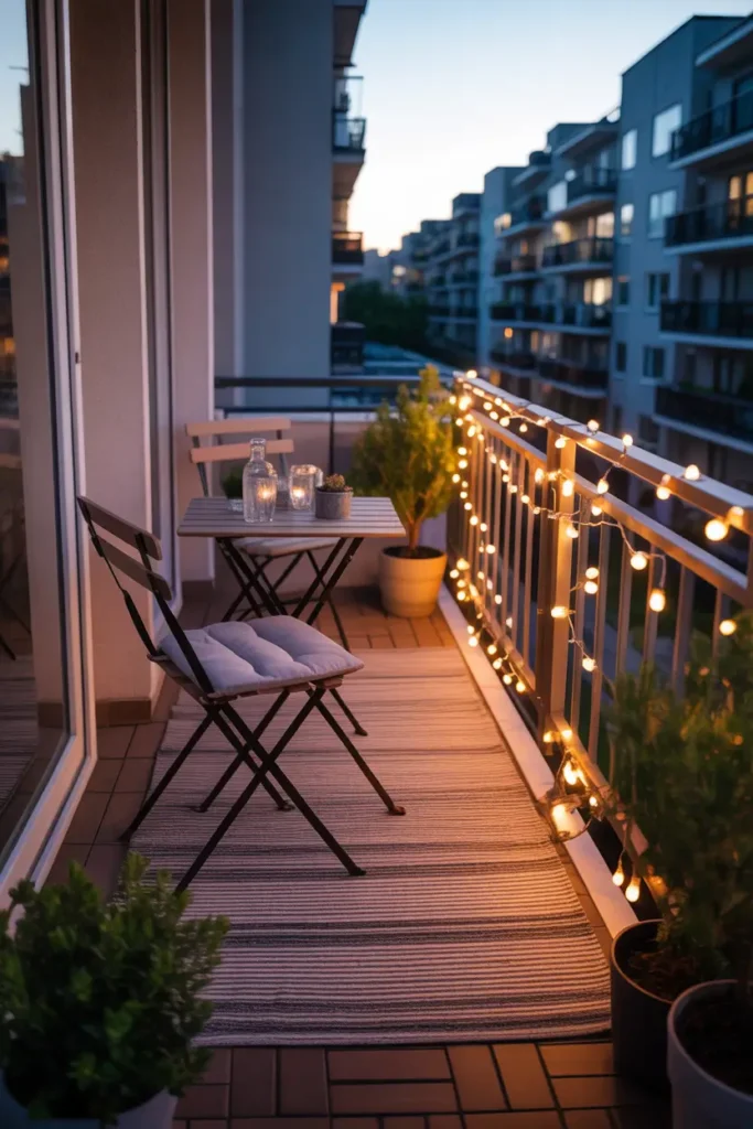 Tiny apartment balcony patio decorated with warm string lights draped along railing, small bistro chair and table set, textured outdoor rug on wooden floor tiles, soft evening lighting creating cozy glow, small potted plants placed along balcony edges, warm relaxing mood, intimate Pinterest style balcony patio scene with city apartment background.