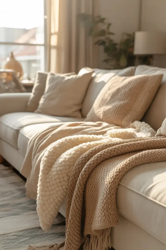 Pinterest-style cozy apartment sofa layered with soft throw blankets in cream and warm beige tones, textured knit fabric, natural sunlight filtering through curtains, neutral pillows, warm relaxing interior photography with calm evening atmosphere.