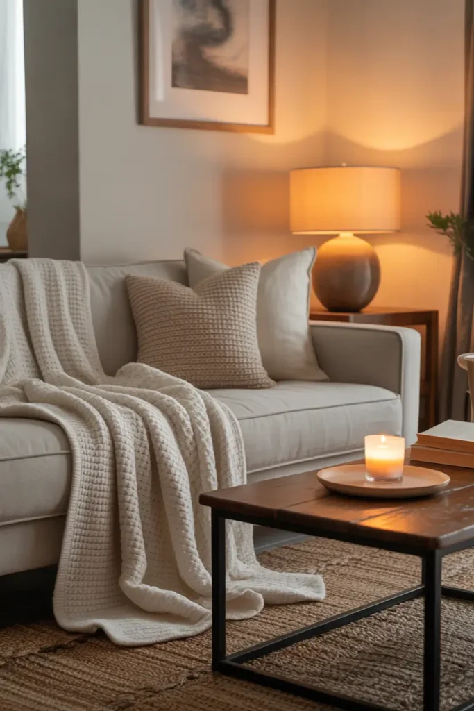 Pinterest-style apartment living room with soft knit throw blankets folded over neutral sofa, textured cushions, wooden coffee table with candle and books, warm evening lighting from table lamp, woven rug underfoot, relaxed and cozy apartment atmosphere with soft fabrics and gentle shadows.