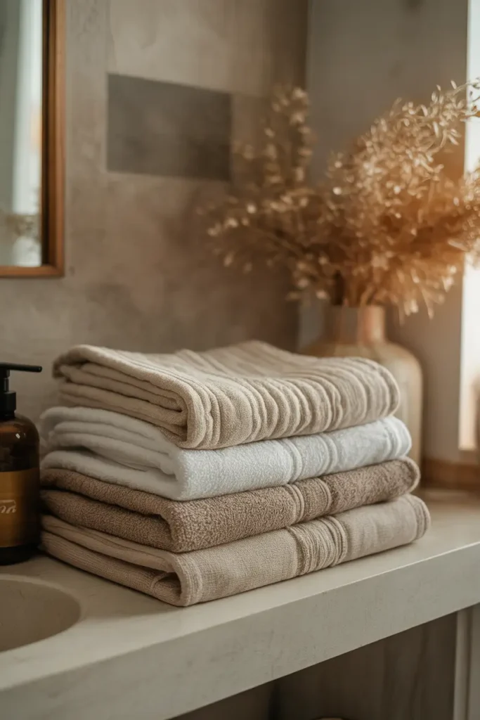 Cozy apartment bathroom featuring neatly layered neutral towels on open shelf, warm natural lighting, soft cotton textures, modern minimalist decor, realistic Pinterest interior photography, calming atmosphere, airy styling, subtle shadows highlighting fabric details and relaxed modern living aesthetic.