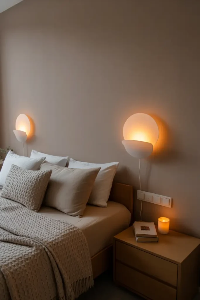 Pinterest style apartment bedroom with warm wall sconces mounted beside bed, soft glowing lights illuminating neutral wall, cozy bedding with textured blanket, wooden nightstand with small book and candle, calm evening lighting creating relaxing apartment atmosphere.
