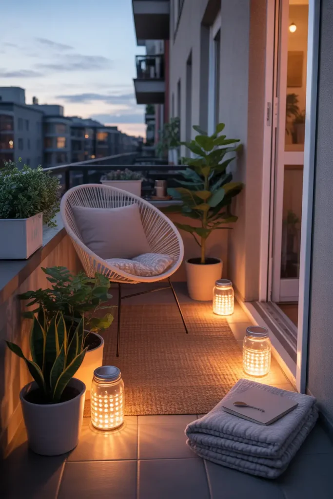 tiny apartment balcony with solar jar lights glowing on the floor near planters and a woven chair, soft warm light, neutral cushion, textured outdoor rug, folded throw blanket, ceramic pots with leafy plants, close balcony walls, quiet city evening background, feminine cozy decor, realistic apartment styling, subtle shadows, layered textures, inviting small-space layout, simple but pretty outdoor nook with calm warm mood