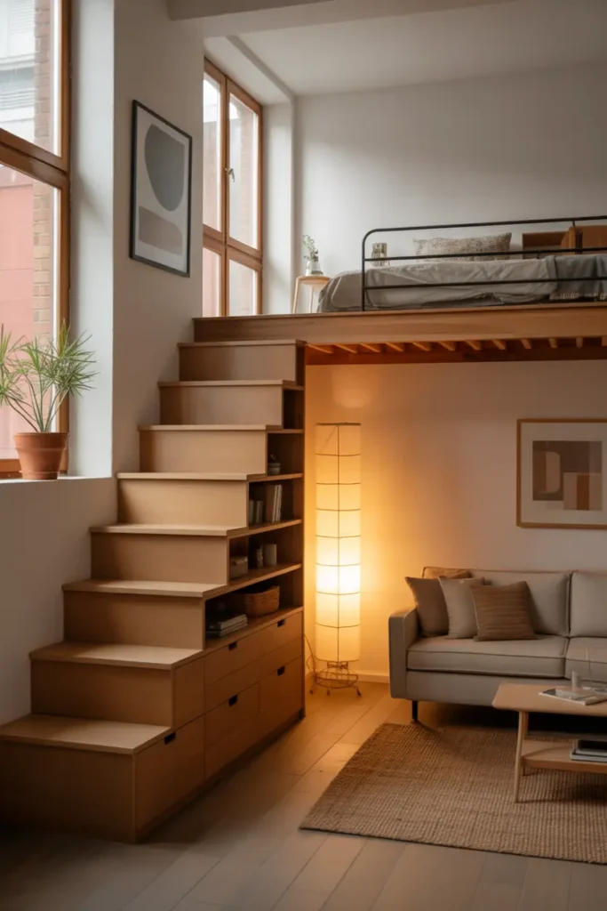 Small loft apartment with staircase storage leading to sleeping loft, wooden steps with built in drawers, warm neutral decor, soft woven rug, minimal sofa nearby, natural light from tall windows, cozy apartment styling with layered textures and warm lighting, realistic Pinterest interior photography with comfortable and practical mood.