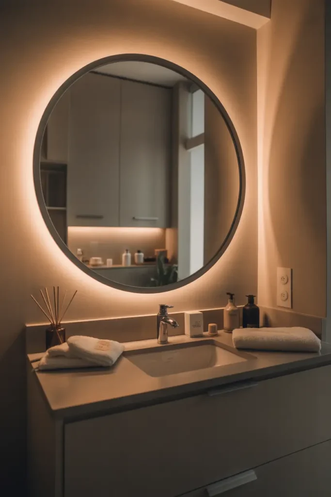 Chic apartment bathroom featuring large round mirror with thin black frame, modern vanity setup, warm ambient lighting reflecting across neutral walls, minimal decor accents, soft cotton towels, clean countertop styling, cozy modern aesthetic, realistic Pinterest photography look, balanced natural light and warm tones creating an inviting atmosphere.