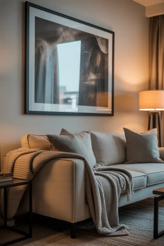 Modern apartment living space with large framed abstract artwork above sofa, neutral color palette, soft warm lighting, minimal furniture layout, cozy textured throw blanket, realistic Pinterest interior aesthetic, natural daylight mixed with lamp glow, clean masculine decor styling, calm atmosphere, detailed wall textures, contemporary urban apartment setting with balanced composition and inviting visual harmony.