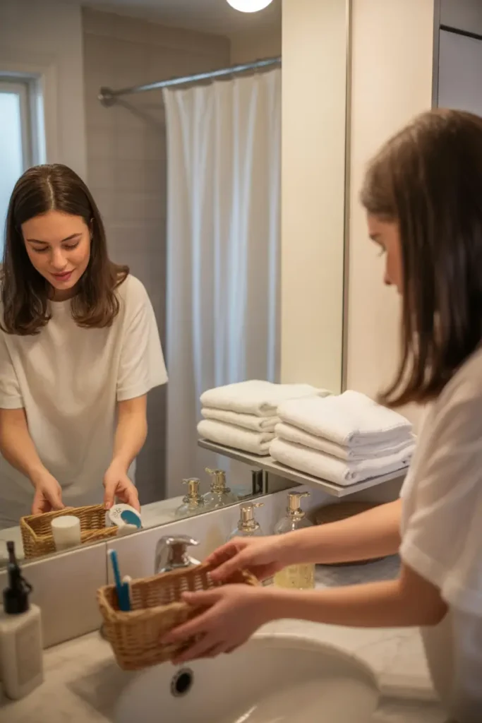 Soft cozy bathroom interior styled for Pinterest, fluffy white towels folded on shelf, simple neutral shower curtain, woman placing toiletries like soap, shampoo, toothbrush into small baskets, warm natural light reflecting off mirror, marble counter textures, calm minimalist decor, realistic lifestyle photography with welcoming home atmosphere.