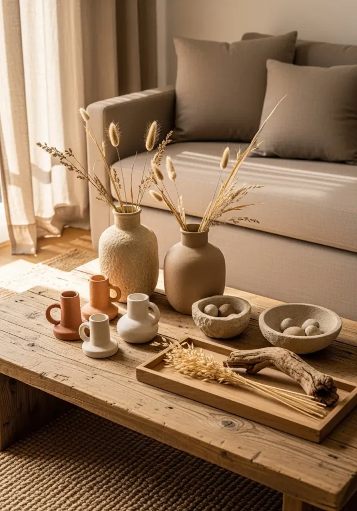 Earthy apartment coffee table styled with textured ceramic vases, small stone bowls, clay candle holders, wooden tray with dried grasses, soft beige sofa in background, warm natural sunlight entering through linen curtains, neutral color palette with sand, taupe, and clay tones, cozy Pinterest style interior photography highlighting natural materials and calm apartment atmosphere.