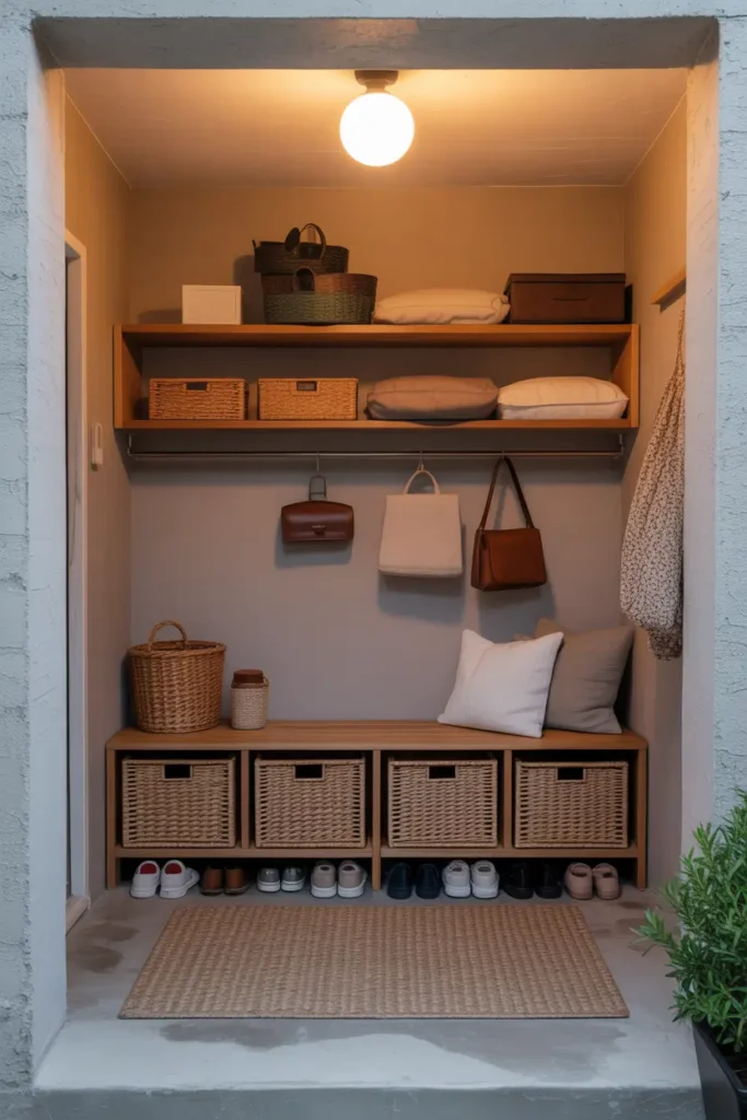Cozy apartment garage entry corner featuring wooden storage bench with lift-up seat, soft warm lighting from ceiling fixture, woven baskets stored underneath, shoes and small bags neatly arranged, textured concrete floor and neutral walls creating calm Pinterest style organization scene with welcoming atmosphere.