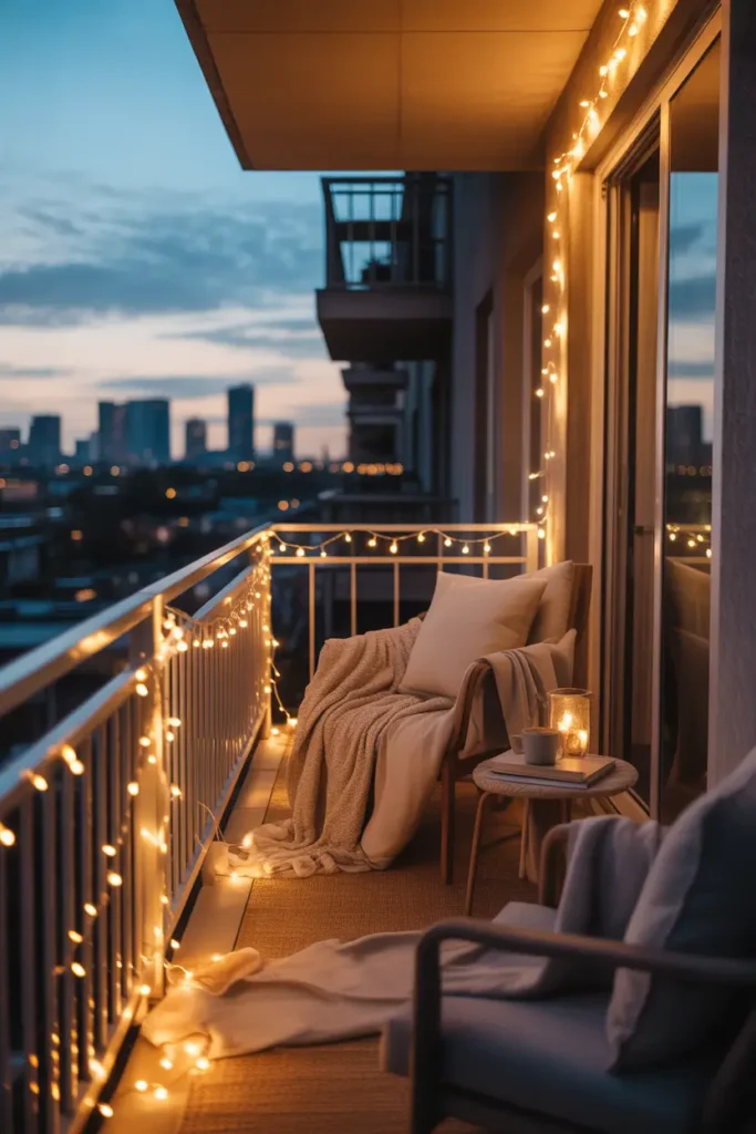 Small apartment balcony glowing with warm string lights draped across railing and overhead, cozy chair with soft throw blanket, gentle golden lighting reflecting on balcony floor, nighttime city skyline softly blurred in background, peaceful relaxing atmosphere, warm cozy balcony styling, natural textures and soft fabrics, Pinterest inspired photography with intimate evening mood