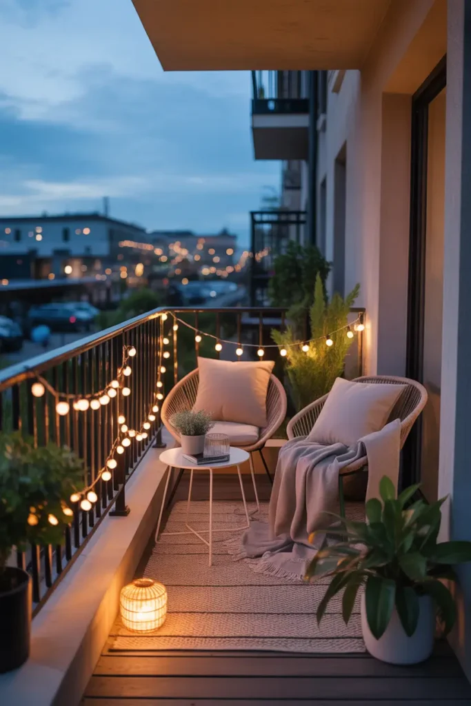 small apartment balcony at night with warm string lights wrapped neatly around a black metal railing, cozy beige seat cushions, tiny round side table, soft throw blanket, potted green plants, warm city glow in background, textured outdoor rug, calm evening mood, stylish renter-friendly decor, soft shadows, intimate cozy atmosphere, natural lighting balance, detailed balcony styling, modern feminine home feel, realistic apartment setting