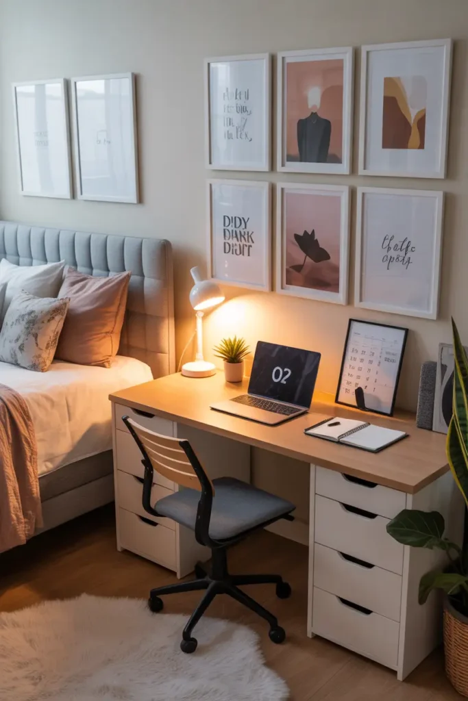 Dorm desk setup with framed art prints arranged above desk, laptop and planner placed neatly, warm desk lamp lighting the workspace, cozy neutral bedding nearby, small plant and soft rug adding texture creating stylish Pinterest style dorm study space with calm artistic atmosphere.