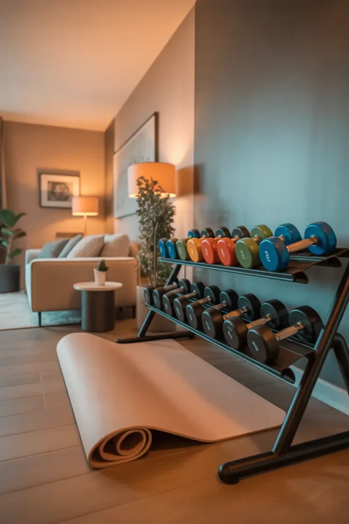 modern apartment gym corner with sleek wall mounted rack holding colorful dumbbells, warm wooden floor, soft beige exercise mat beneath rack, neutral painted walls with cozy lighting, decorative plant beside workout area, modern small apartment interior blending fitness with home decor, Pinterest inspired interior photo style, warm natural lighting, minimal clutter, relaxed stylish atmosphere perfect for daily workouts.