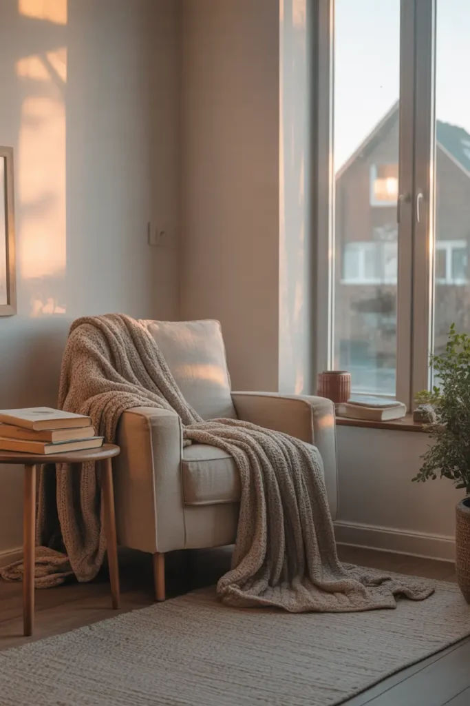 Apartment over garage interior featuring cozy reading corner beside tall window, soft daylight pouring across linen armchair, knitted throw blanket draped over chair, small wooden side table with stacked books, pale walls and light wood floors, neutral rug, indoor plant beside window, Pinterest style photography, warm peaceful morning atmosphere, soft shadows, calm minimalist apartment styling