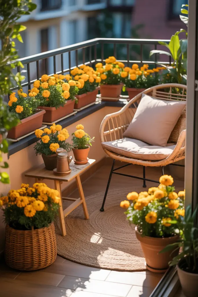 Bright apartment balcony with terracotta pots filled with golden marigolds placed along railing and small wooden plant stand, cozy woven chair with beige cushion nearby, sunlight pouring across warm wood floor, leafy plants around edges, soft natural textures like wicker and linen, inviting outdoor nook with cheerful flowers glowing in golden evening light, realistic cozy Pinterest balcony setting.