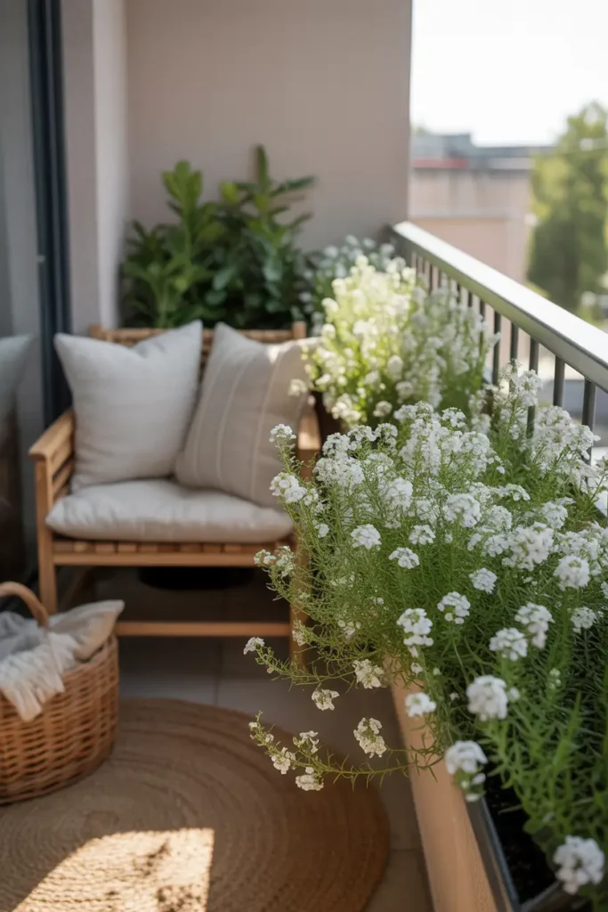 Small apartment balcony styled with delicate white alyssum flowers spilling from long railing planter, cozy wooden bench with cream cushion placed beside greenery, soft golden morning light shining across balcony floor, tiny flowers creating cloud like floral texture, natural textures like linen pillows and wicker basket nearby, calm feminine Pinterest style balcony corner.