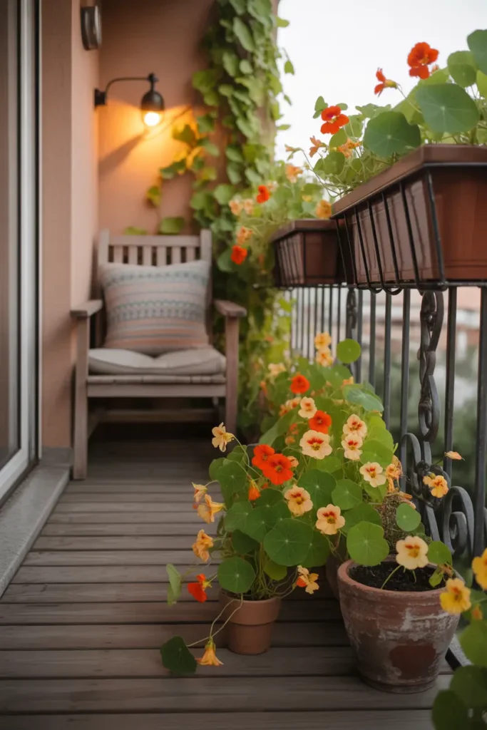 Warm apartment balcony with nasturtium flowers blooming in bright orange and soft yellow tones trailing from rustic clay pots along railing, cozy wooden bench with patterned cushion, warm sunset light glowing across wood decking, leafy vines draping naturally around railing, relaxed Pinterest style balcony with cheerful garden charm.