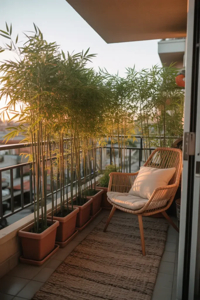 Small apartment balcony with tall bamboo plants arranged along railing inside terracotta planters, cozy wooden chair with cream cushion, warm golden sunset light hitting leaves, textured outdoor rug on floor, peaceful city balcony scene with lush green privacy wall and relaxed cozy vibe.