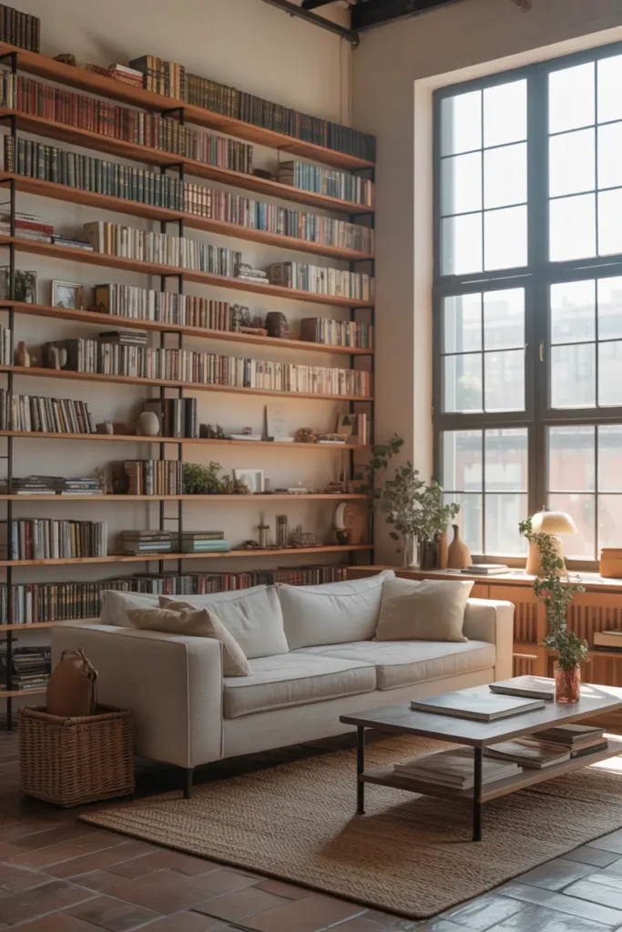 Open loft apartment living room with tall floor to ceiling bookshelf filled with books and simple decor, warm wood shelving, cozy neutral sofa, soft woven rug, large windows letting natural light pour into space, airy loft layout, Pinterest style interior photography with calm natural lighting and layered textures.