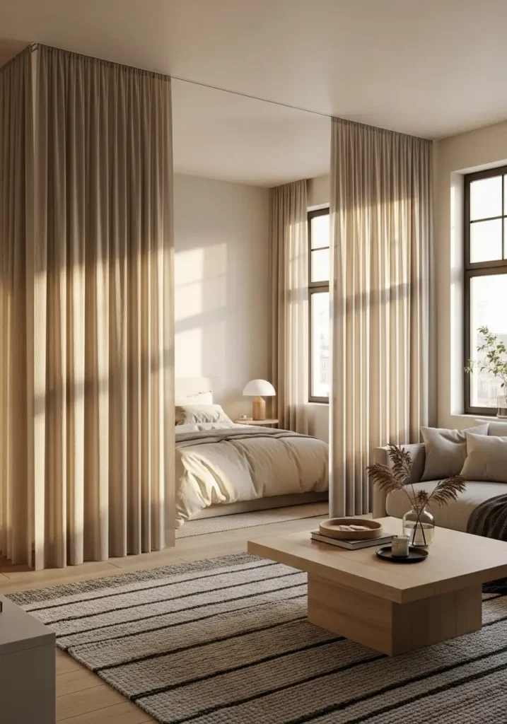 Minimal studio apartment with tall fabric panels hanging from ceiling track forming divider between bedroom nook and sitting area, soft beige linen panels gently draping, neutral sofa, light wood coffee table, layered textured rug, bed with cozy cream bedding behind fabric screen, sunlight filtering through windows, Pinterest style apartment decor with calm soft atmosphere.

