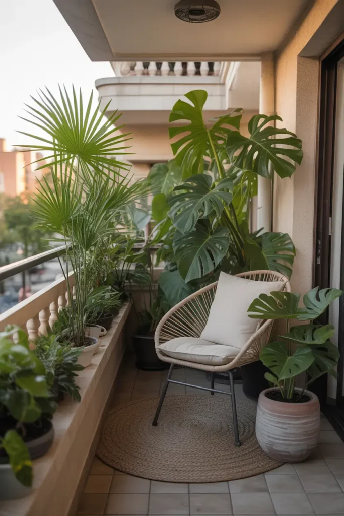 Small apartment balcony with row of tall leafy plants like palms and monsteras in ceramic planters along railing, cozy chair with cream cushion, woven rug under seating, warm afternoon light shining through large green leaves, relaxed Pinterest balcony setup with lush greenery and calming atmosphere.