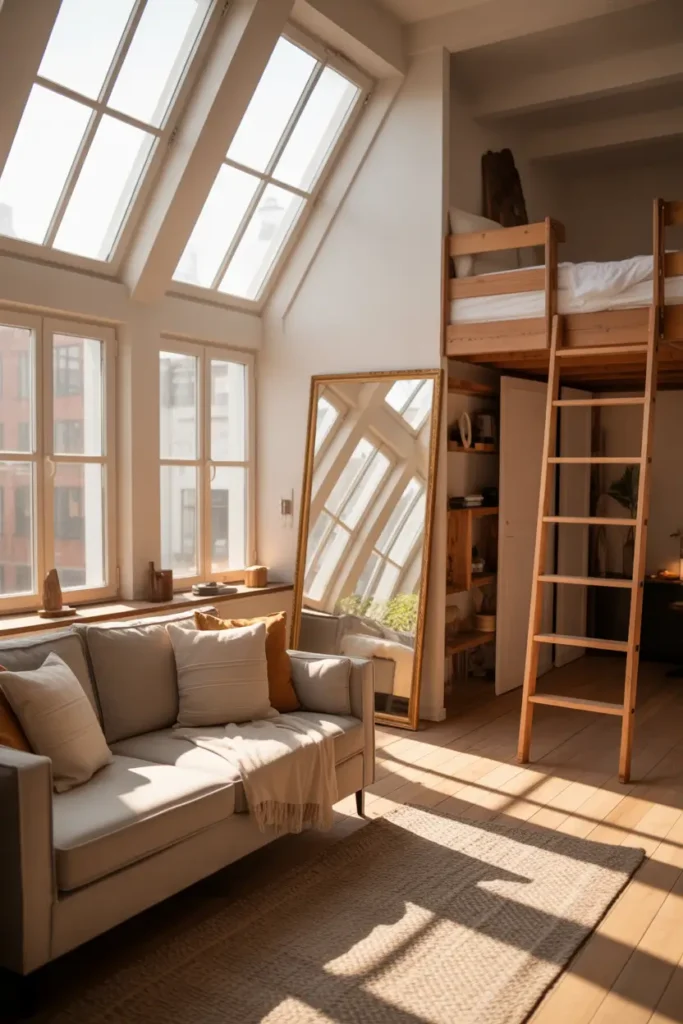 Small loft apartment interior with tall leaning mirror reflecting sunlight from large loft windows, warm neutral decor, cozy sofa with textured pillows, soft woven rug, wooden ladder leading to loft bed, airy high ceiling space, golden sunlight filling room, realistic Pinterest style interior photography with calm bright mood.