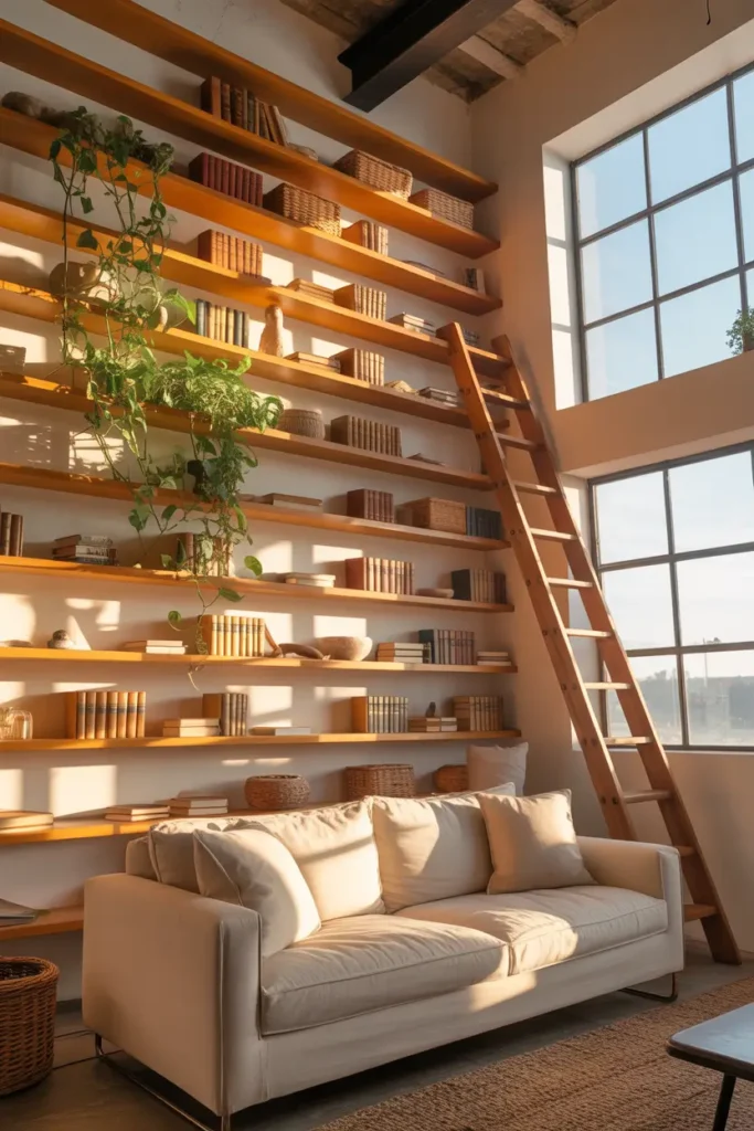 Small loft apartment with tall open shelving stretching toward high ceiling, warm wood shelves filled with books, small plants, woven baskets, soft golden lighting, ladder leaning against shelves, minimal sofa below, airy loft apartment with high ceilings and large windows, natural light pouring in, cozy textures, Pinterest style interior photography with warm tones and inviting atmosphere.